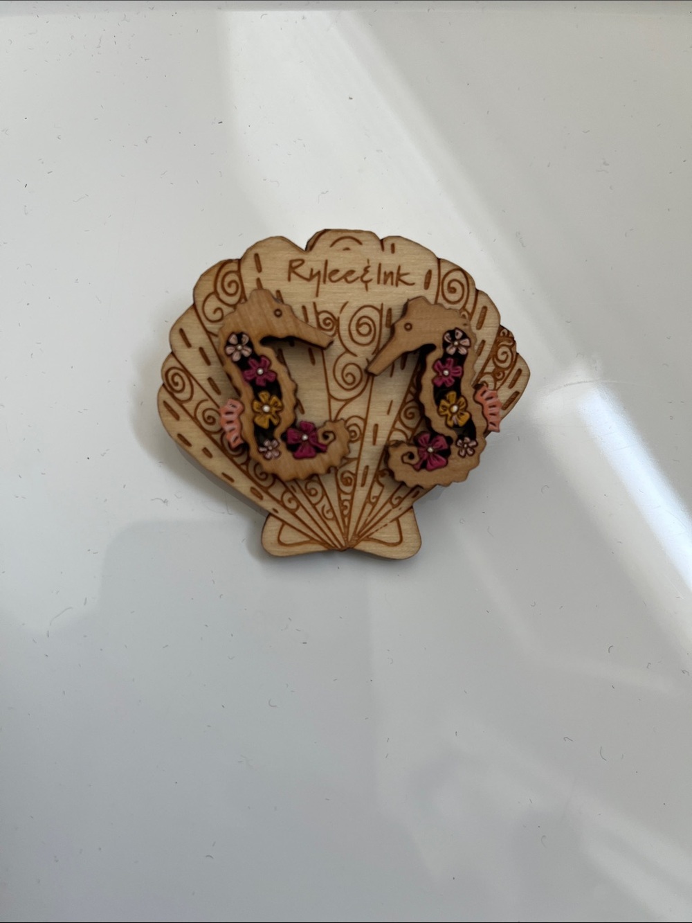 Wooden seahorse study earrings